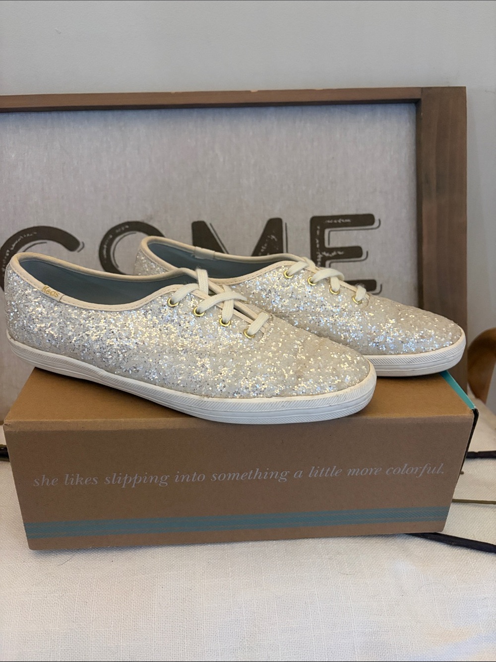 Keds Cream Glitter Lace-Up Sneakers